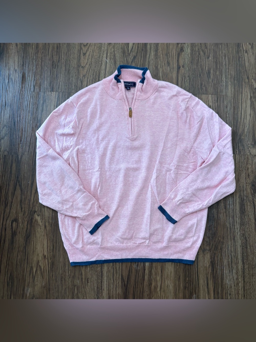 Crown & Ivy Pink Navy Quarter Zip Cotton Wool Sweater Preppy Size L